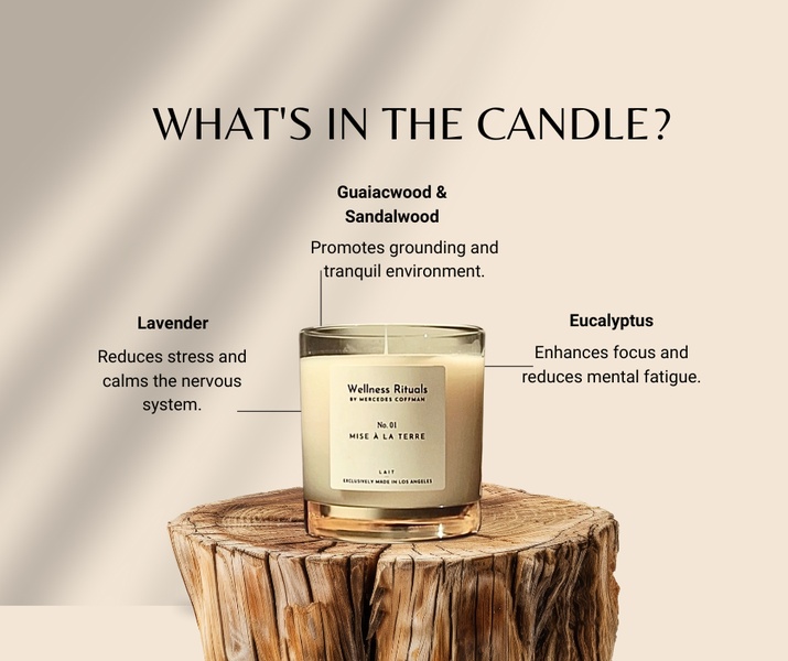 scented candle, aromatherapy candle, wellness candle, home fragrance, candle, soy candle, luxury candle, product launch, minimalist, calm, neutral, brown