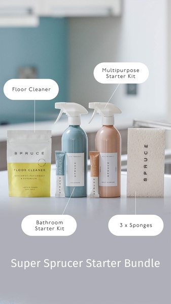 A high-clarity, minimalist product showcase that labels individual cleaning components to educate the customer on the bundle value.