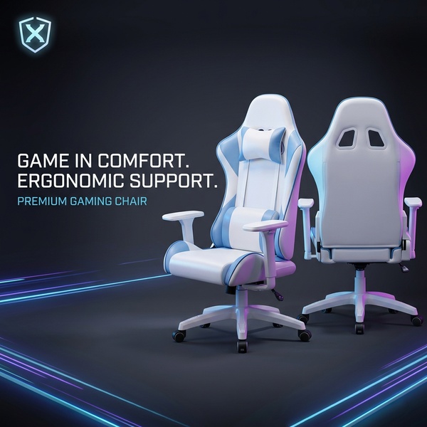 A high-fidelity studio shot of a white and blue gaming chair presented in a 1:1 ratio, focusing on clean aesthetics and ergonomic value propositions.