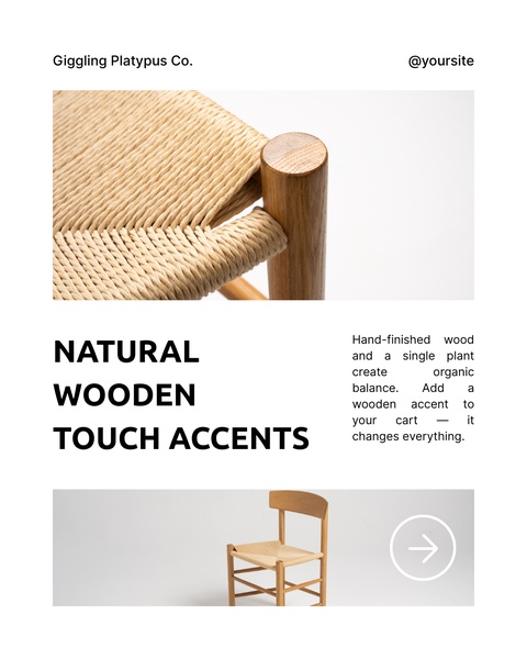 A high-end product close-up of a woven seat and wooden leg, followed by a clean, minimalist product shot and clear value proposition.