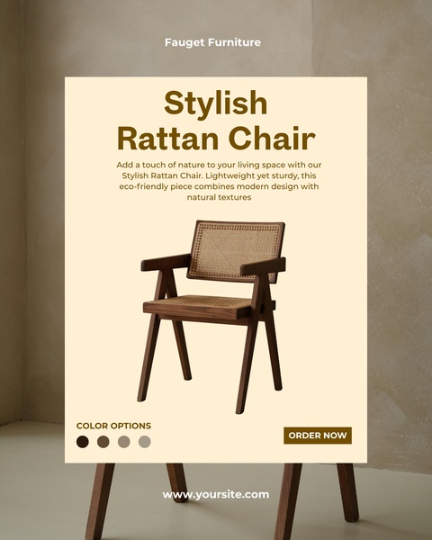 A clean, high-contrast ad featuring a Rattan Chair with clear text overlays highlighting product benefits and color options.