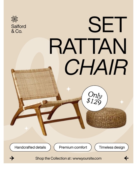 A clean, minimalist 4:5 ad creative showcasing a rattan chair and matching ottoman with clear pricing and value propositions.