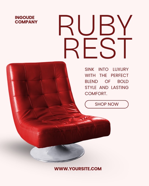 A clean, high-contrast product advertisement featuring a bold red chair against a soft pink background with minimal typography.