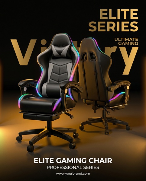 A 4:5 ratio high-contrast studio shot featuring a dual-angle display of a professional gaming chair with integrated LED accents and gold typography.