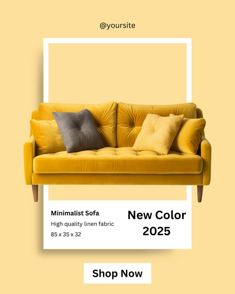 A high-contrast advertisement for a minimalist sofa featuring clear product labeling and a 'New Color' announcement.