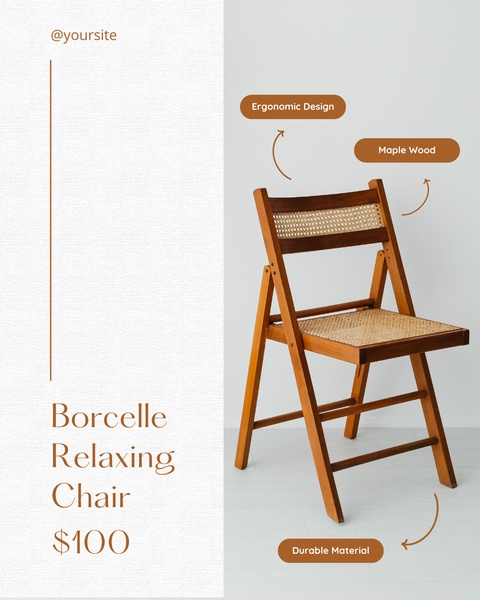 A clean, minimalist product ad for a wooden folding chair that uses visual labels to highlight key product features and benefits.