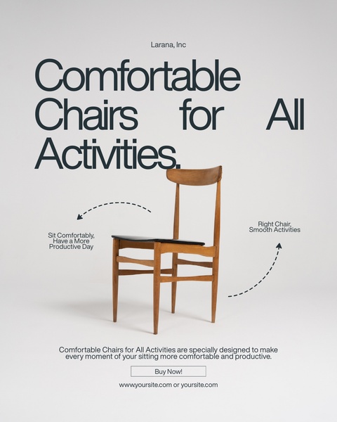 This 4:5 vertical ad uses a clean studio background and direct, punchy typography to highlight a single dining chair, emphasizing comfort and productivity.