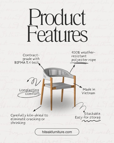A clean, minimalist product spotlight ad that uses direct annotations to highlight technical specifications and durability benefits of an outdoor armchair.