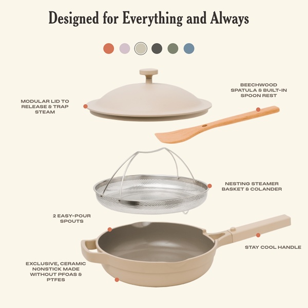 This ad uses an exploded view layout to showcase the modular components and unique features of a nonstick pan, emphasizing design and versatility.