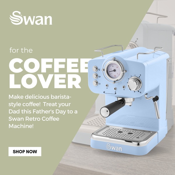 A split-background product spotlight ad featuring a retro-style coffee machine with targeted messaging for a Father's Day gift.