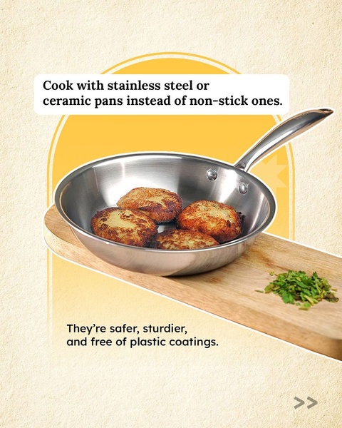 A clean, educational ad creative comparing stainless steel pans to non-stick alternatives using simple, benefit-focused text.