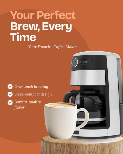 A clean, studio-lit coffee maker advertisement highlighting key product benefits through a bulleted list and minimalist aesthetic.