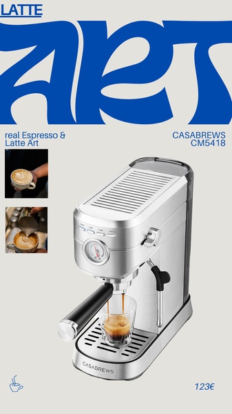 A 9:16 portrait advertisement featuring an espresso machine with inset images showing the coffee-making process and professional latte art.
