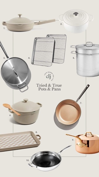 A clean, minimalist 9:16 layout showcasing ten essential pieces of cookware in neutral, sophisticated tones.
