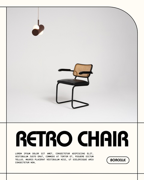 A high-end, minimalist advertisement featuring a single retro-style chair paired with a modern hanging light fixture against a clean white background.