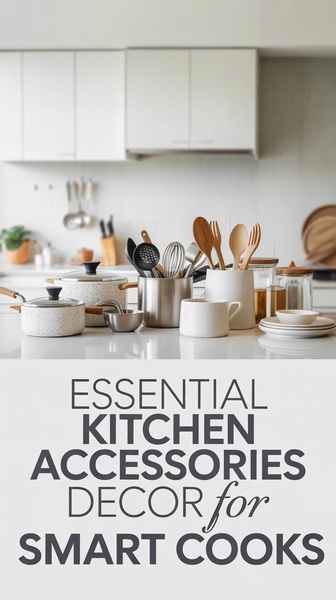A high-quality lifestyle shot featuring a curated collection of kitchen tools, wooden utensils, and ceramic cookware set against a bright, modern kitchen backdrop.