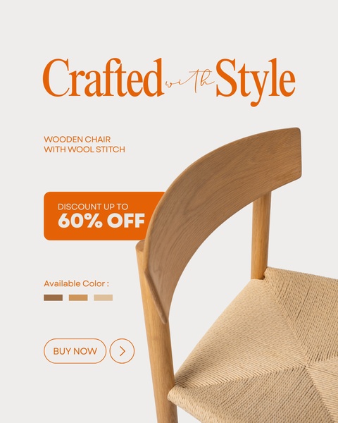 A clean, minimalist 4:5 aspect ratio ad featuring a wooden chair with wool stitching, showcasing a clear discount offer and a strong call-to-action.