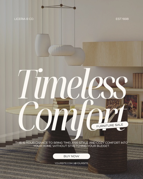 A sophisticated, minimalist ad creative featuring a modern dining table and chair set in a warm, neutral-toned interior.