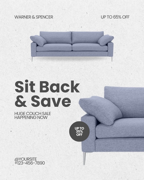 A clean, high-contrast ad creative featuring a couch sale announcement with a focus on discount clarity and white-space design.