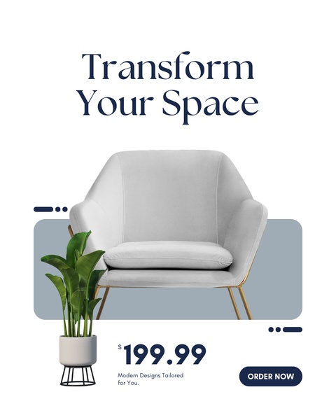 A clean, high-contrast ad featuring a modern armchair, a plant accent, and a bold price call-out to simplify the buying decision.