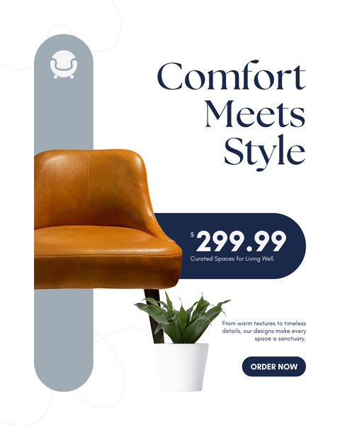 A high-contrast ad creative for a modern accent chair that pairs a premium product image with a clear price point and minimalist brand aesthetic.