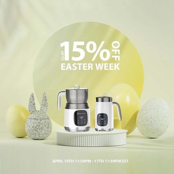 A promotional ad featuring a milk frother set on a pedestal against a soft green background with seasonal decorative eggs.
