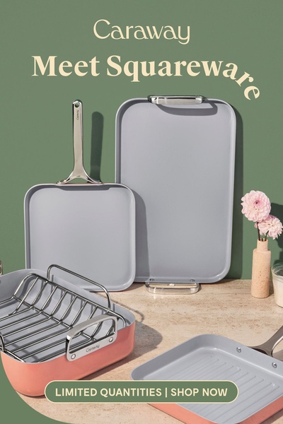 This creative showcases a new collection of square-shaped kitchen cookware set against a muted green studio background with soft natural lighting.