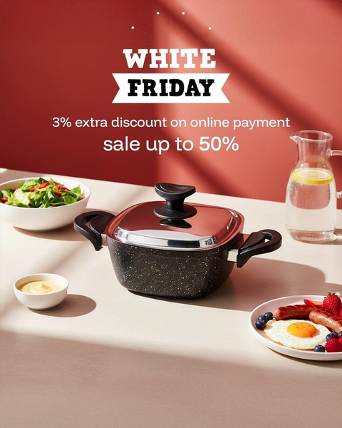 A clean, high-contrast, professional studio shot of a square casserole pot on a table set for a meal, emphasizing the product with a clear 50% discount offer.