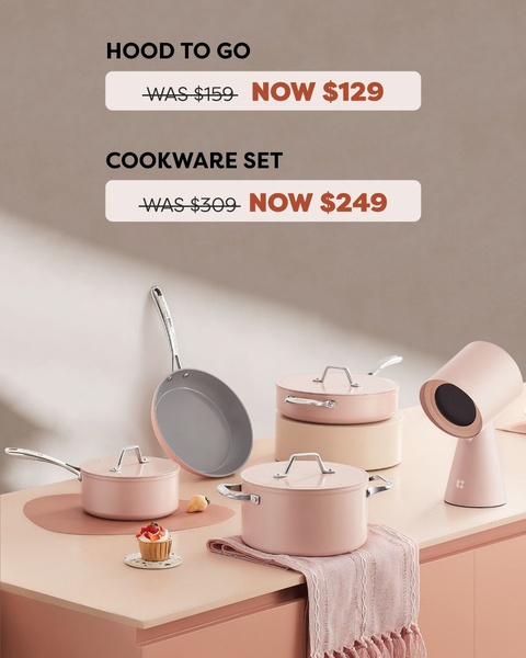 A high-conversion 4:5 social ad showcasing a matching cookware set and a portable hood in a clean, soft-pink studio setting with clear pricing.