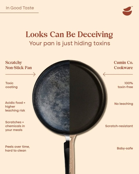 A split-screen comparison showing a damaged, toxic non-stick pan versus the brand's safe, scratch-resistant cookware.