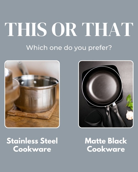 A split-screen comparison ad creative showcasing stainless steel versus matte black cookware to prompt audience engagement.