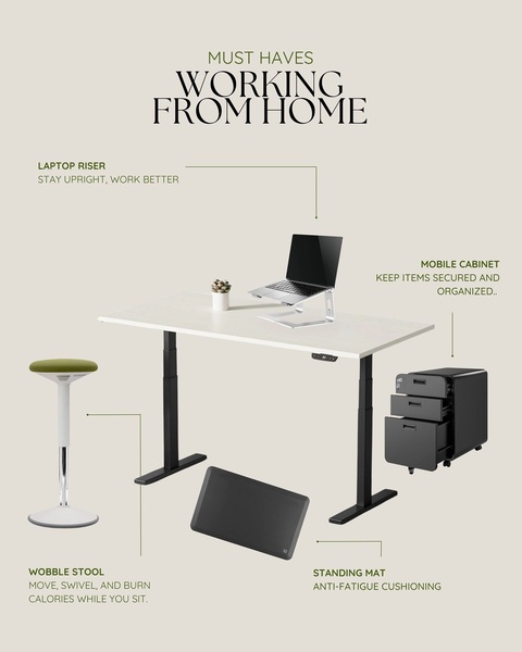 This static 4:5 ad uses clean callouts to highlight the ergonomic benefits of an integrated standing desk and accessory workstation.
