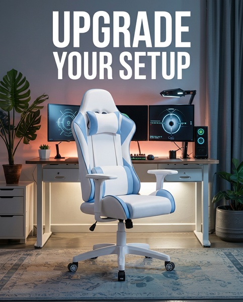 A high-quality product photo of a white and blue gaming chair positioned in an optimized, well-lit home office setup.