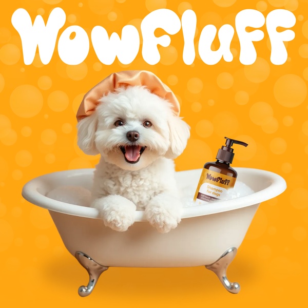 A high-conversion dog shampoo ad featuring an adorable white puppy in a bathtub with a shower cap, creating a humorous and memorable brand moment.