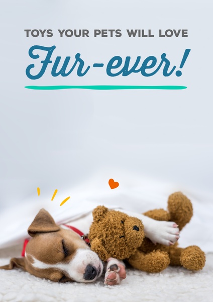 A high-conversion ad creative featuring a puppy sleeping peacefully with a plush teddy bear, emphasizing the emotional bond between pets and their toys.