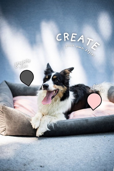 This ad creative highlights the personalization of a dog bed through a clean, minimalist layout that calls out specific product features like graphite sides and a pink mattress.