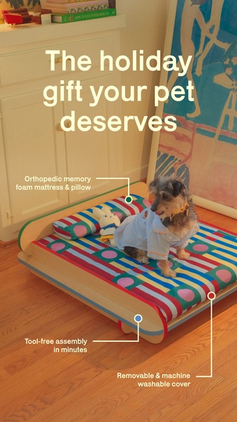 A vertical ad creative featuring a dog on a patterned orthopedic pet bed with clear callouts for product benefits like memory foam and tool-free assembly.