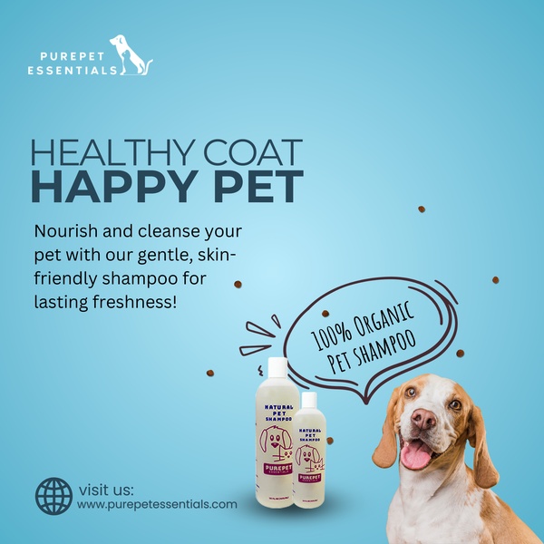 A clean, social-friendly graphic featuring pet shampoo bottles, a smiling dog, and clear benefit-driven messaging.