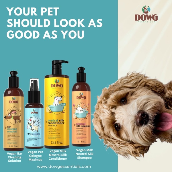 A 1:1 format creative displaying a full range of pet grooming products alongside a happy dog, emphasizing the premium quality of the brand.