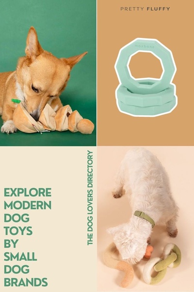 A split-grid ad creative featuring a modern, earthy aesthetic that highlights dog toys in use by pets to drive brand discovery.