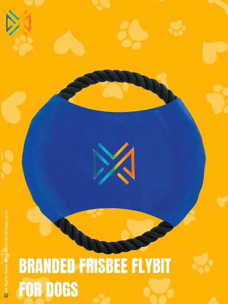 A minimalist, high-contrast product advertisement featuring a blue and black dog frisbee centered on a vibrant yellow paw-print background.