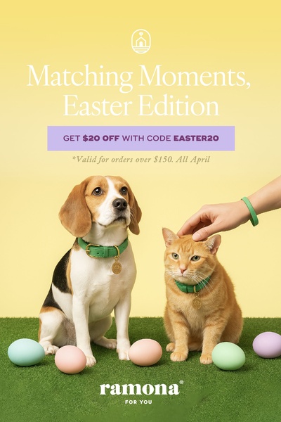 A clean, pastel-colored promotional ad featuring a dog and cat wearing matching collars, highlighting an Easter-themed discount code.