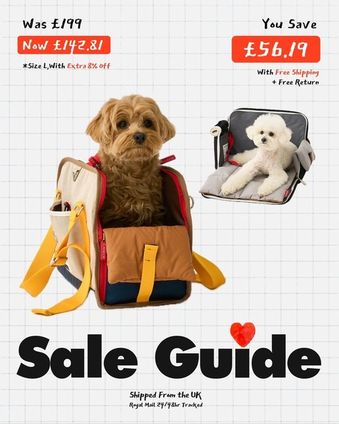 A split-view creative showcasing a dog carrier bag and interior bed, highlighting clear price reductions and shipping benefits.