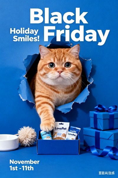 A festive Black Friday ad featuring a cat peeking through a torn blue paper background to reveal pet treats in a gift-wrapped display.