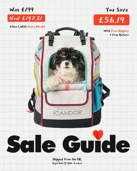 A clean, grid-based promotional graphic featuring a dog inside a branded carrier backpack with clear pricing and shipping information.