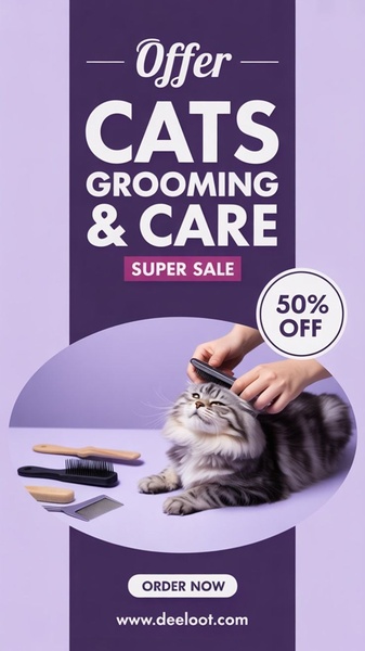 A vertical ad creative featuring a cat being groomed, utilizing a bold purple color scheme to highlight a 50 percent off discount.