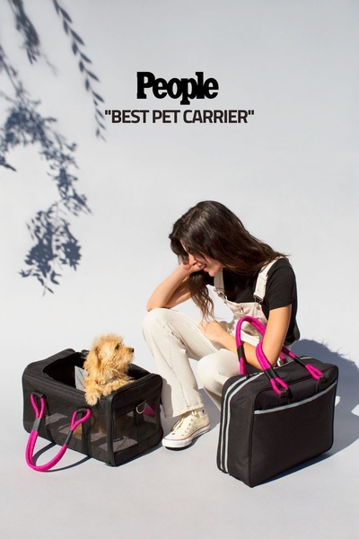 This ad creative features a clean, minimalist studio shot of a pet owner with their dog inside a portable carrier, emphasizing the 'Best Pet Carrier' recognition.