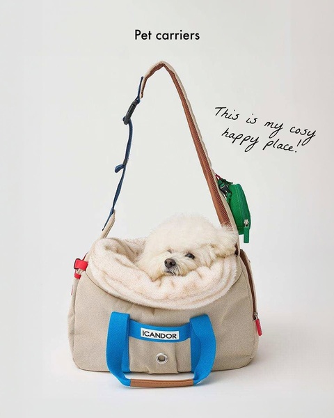 A clean, studio-lit photograph of a small white dog resting in a beige and blue pet carrier with soft, handwritten-style text.