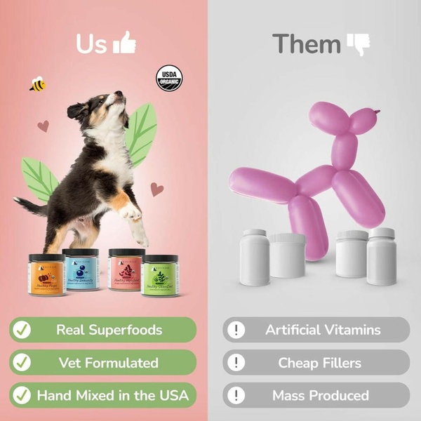 A high-contrast comparison ad showing the benefits of organic pet supplements versus generic alternatives.