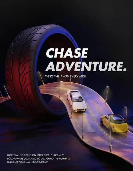A surreal 3D-rendered advertisement featuring a giant tire forming a continuous loop road for two vehicles, emphasizing travel and reliability.